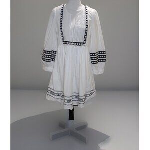 Sea New York Embroidered Puffy 3/4 Sleeve Relaxed Flowy Dress White Blue Boho 10